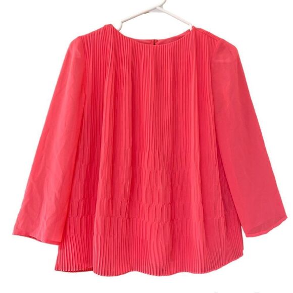 Ted Baker Women Gyda Blouse Sz 1 US 4 Neon Coral Pink Pleated Chiffon 3/4 Sleeve - Picture 6 of 16